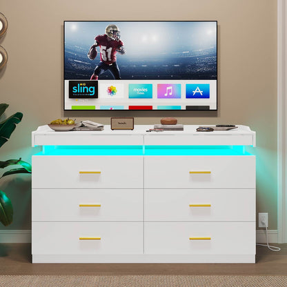 Hauoms Dresser White / Engineered Wood / Modern LED Dresser with 6 Drawers White