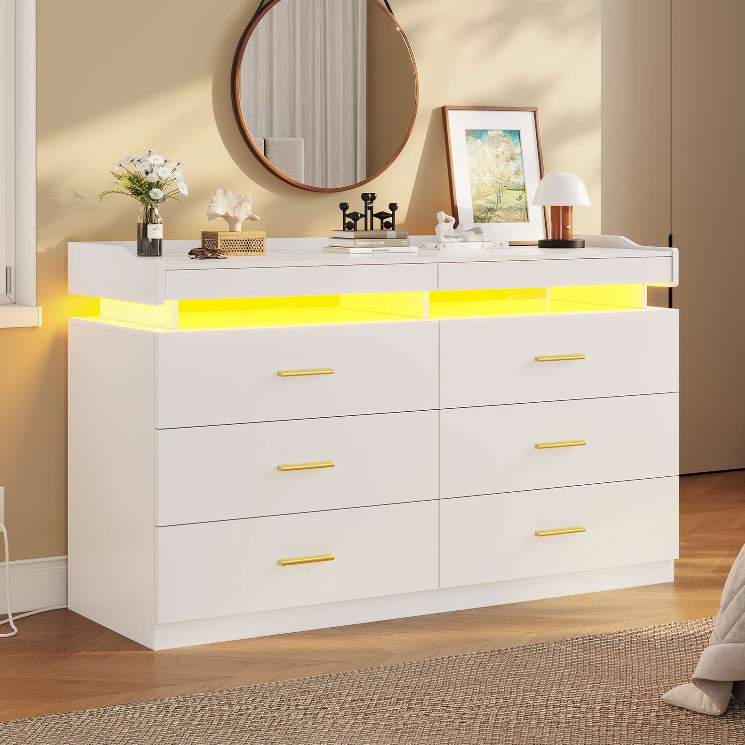 Hauoms Dresser White / Engineered Wood / Modern LED Dresser with 6 Drawers White