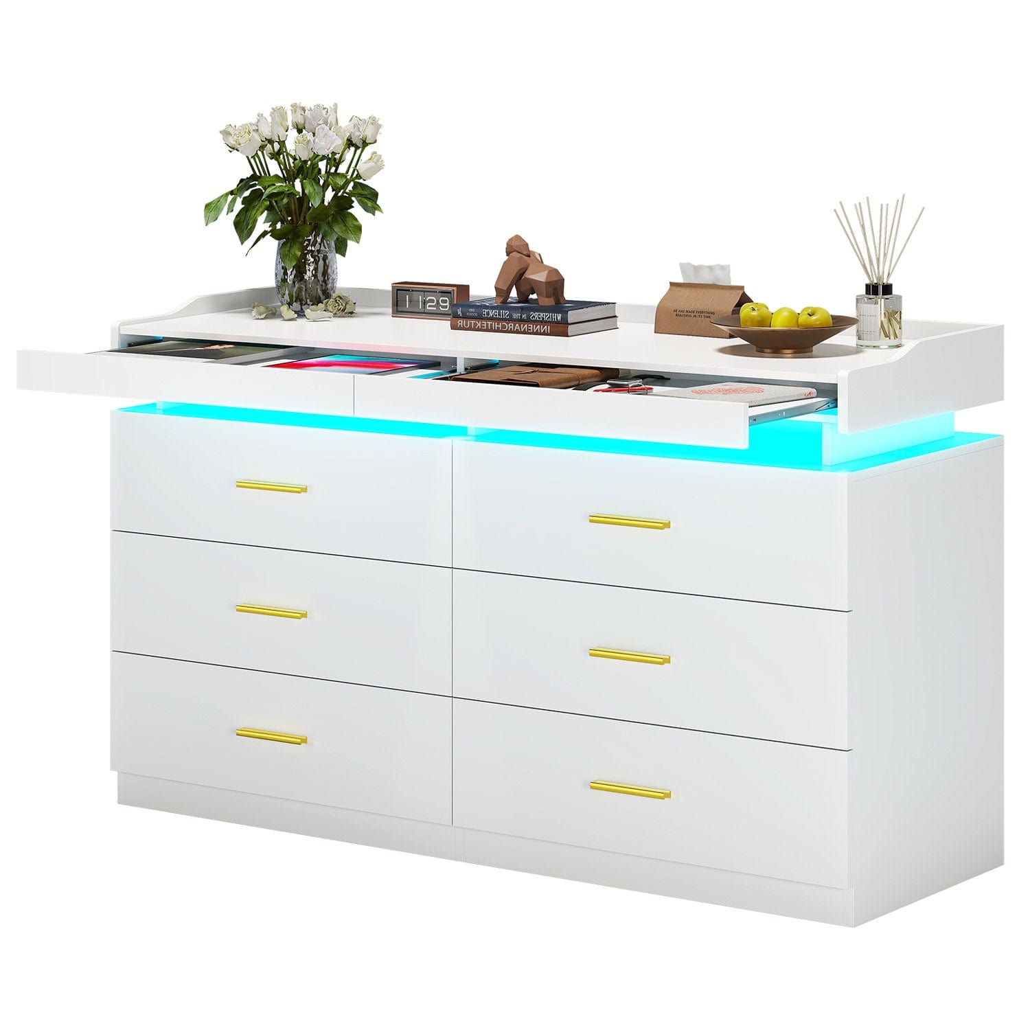 Hauoms Dresser White / Engineered Wood / Modern LED Dresser with 6 Drawers White