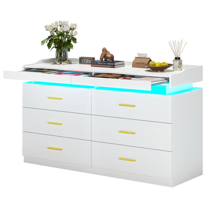 Hauoms Dresser White / Engineered Wood / Modern LED Dresser with 6 Drawers White