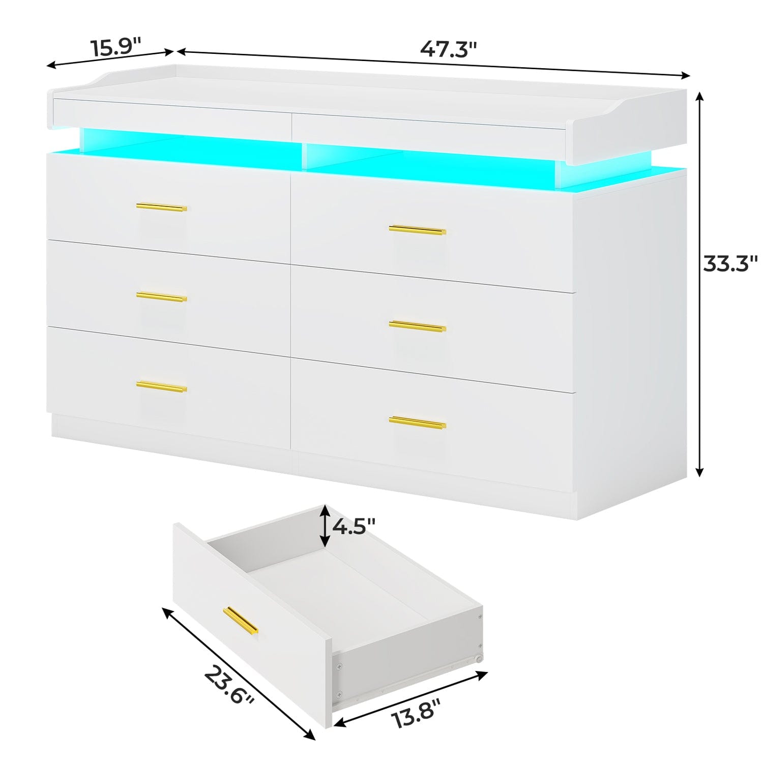 Hauoms Dresser White / Engineered Wood / Modern LED Dresser with 6 Drawers White