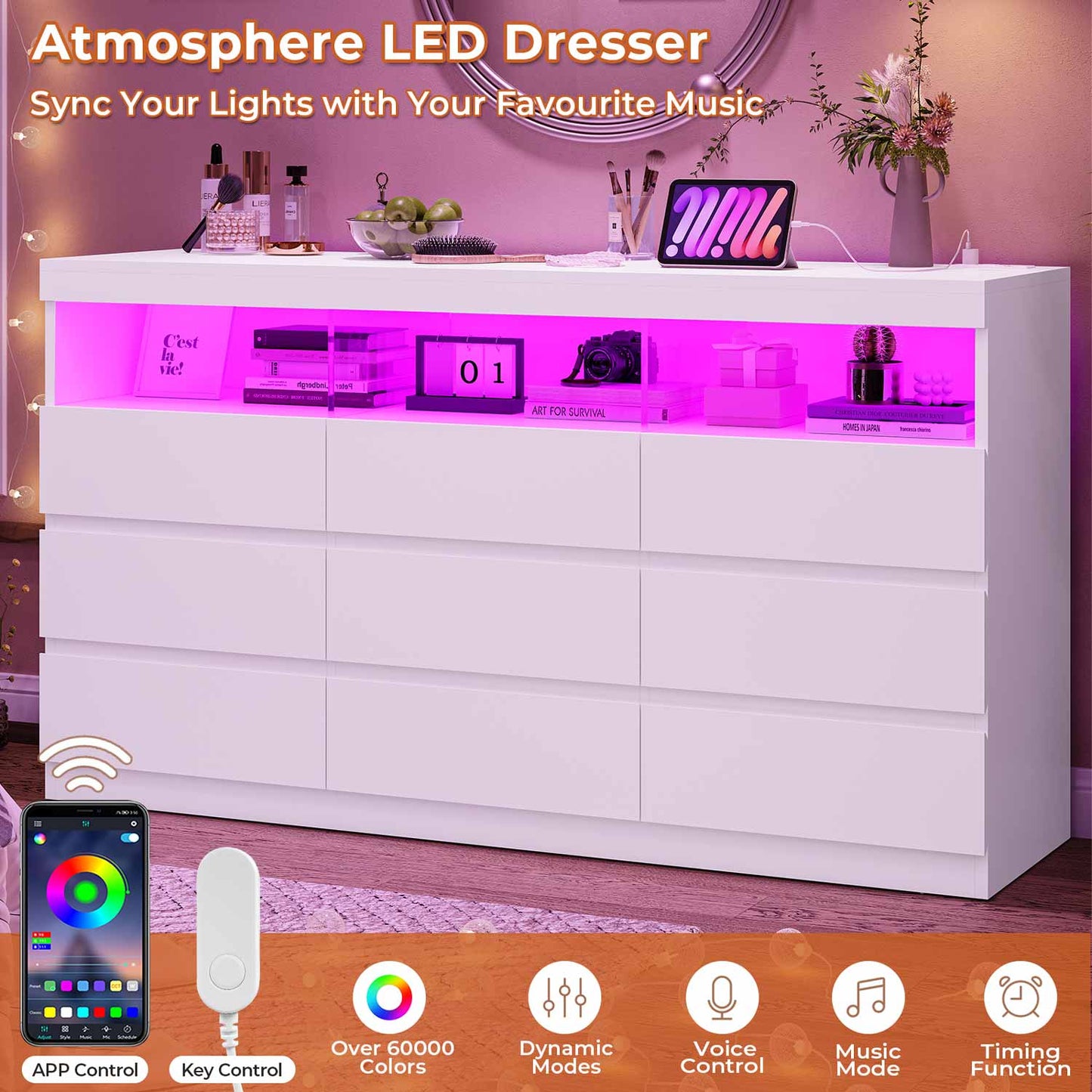 Hauoms Dresser White / Engineered Wood / Modern LED White Dresser