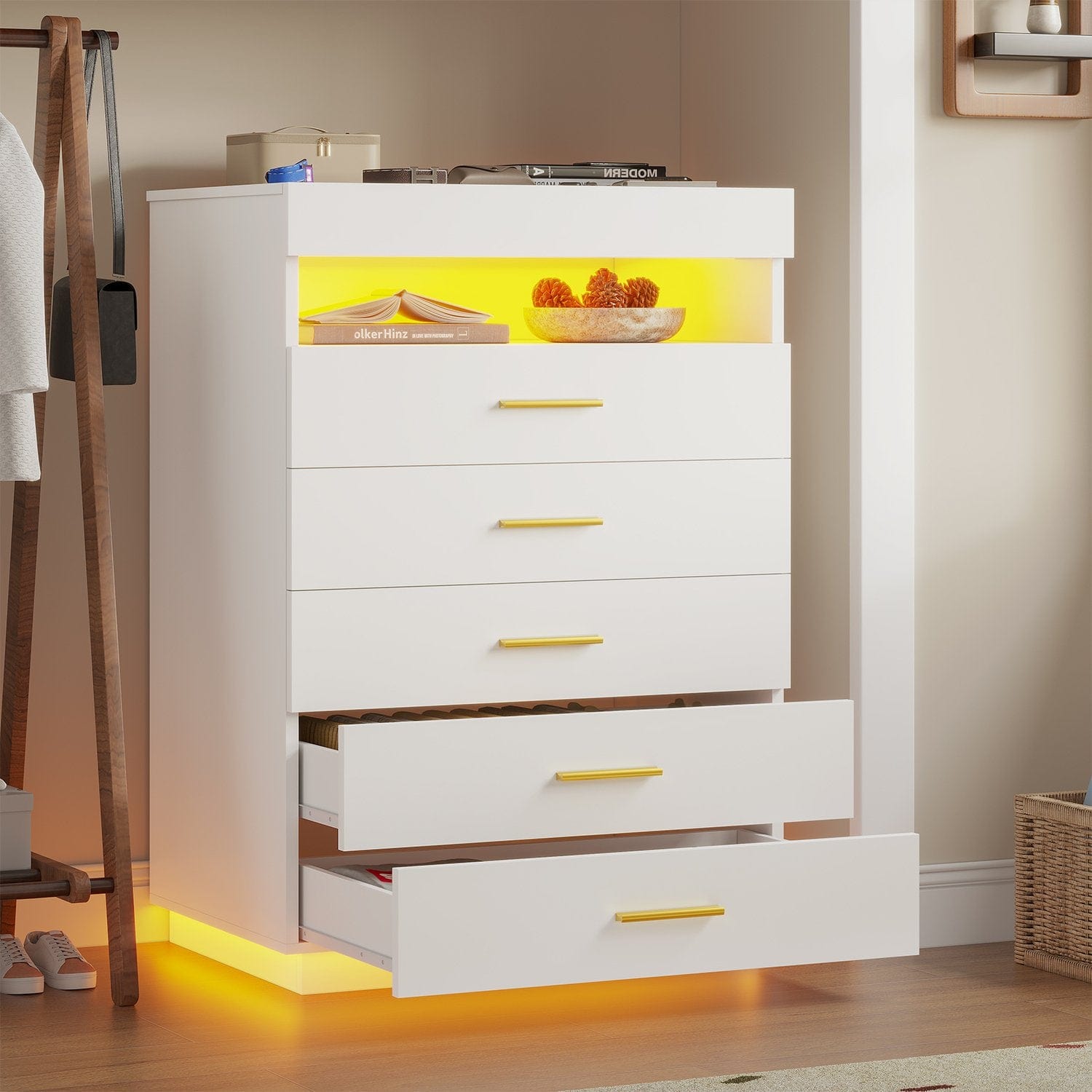 Hauoms Dresser White / Engineered Wood / Modern Modern LED Floating White Dresser