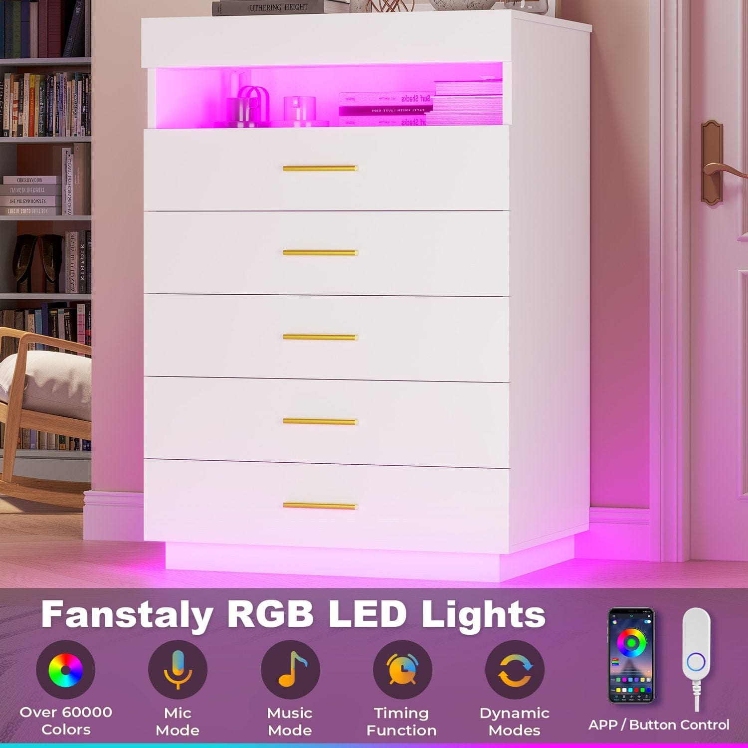 Hauoms Dresser White / Engineered Wood / Modern Modern LED Floating White Dresser