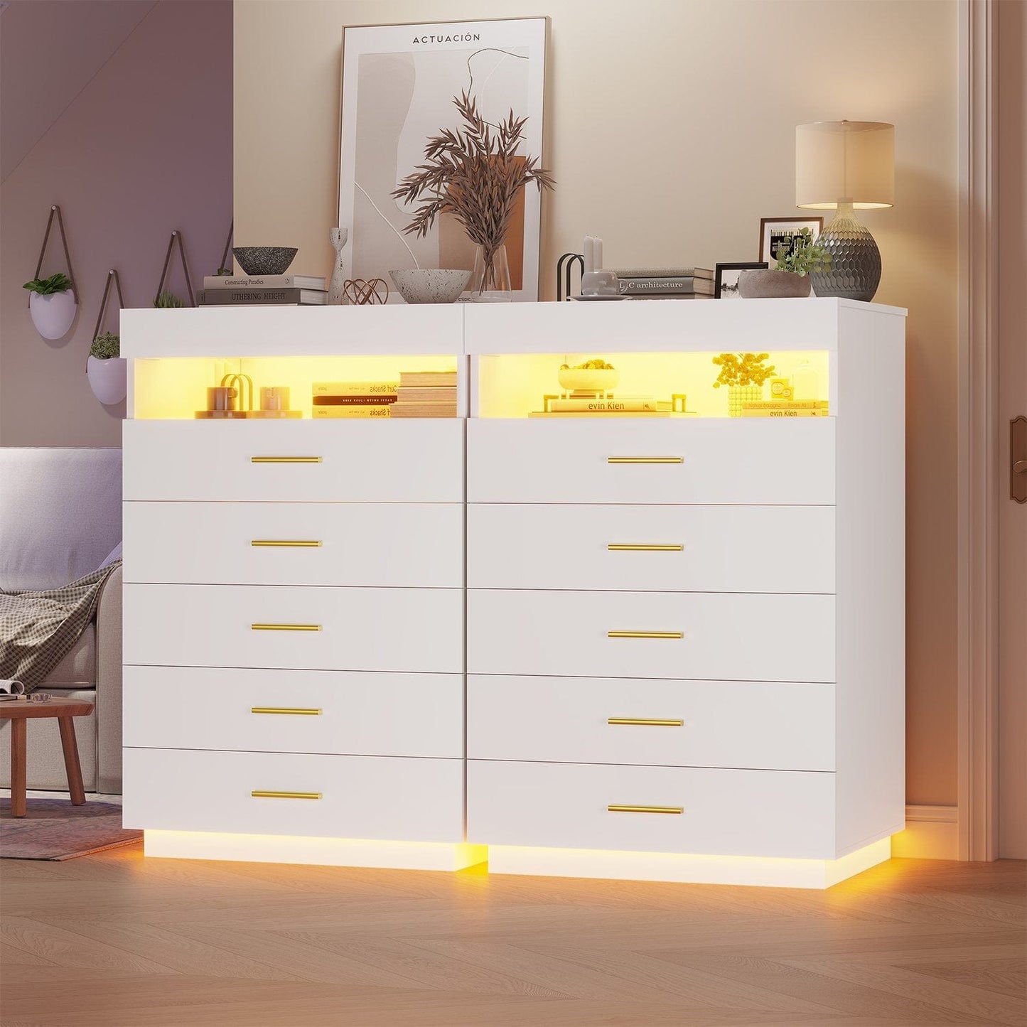 Hauoms Dresser White / Engineered Wood / Modern Modern LED Floating White Dresser