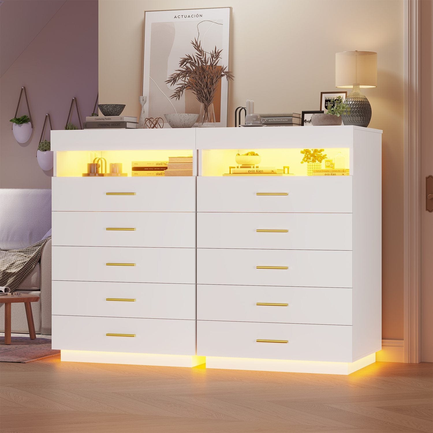 Hauoms Dresser White / Engineered Wood / Modern Modern LED Floating White Dresser