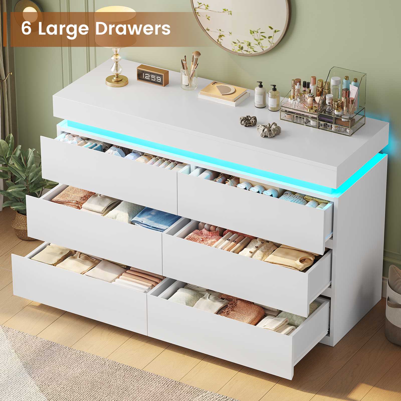 HAUOMS Dresser White HAUOMS 31.5" Tall Dresser with 6 Drawer and LED Light Modern Chest Dressers of Drawers for Bedroom Living Room