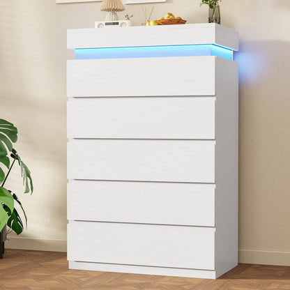 HAUOMS Dresser White HAUOMS 44.9" Tall Dresser with 5 Drawers and LED Light Modern Chest of Drawers for Bedroom Living Room Entryway Hallway