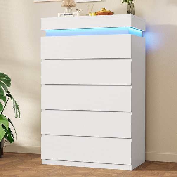 HAUOMS Dresser White HAUOMS 44.9" Tall Dresser with 5 Drawers and LED Light Modern Chest of Drawers for Bedroom Living Room Entryway Hallway
