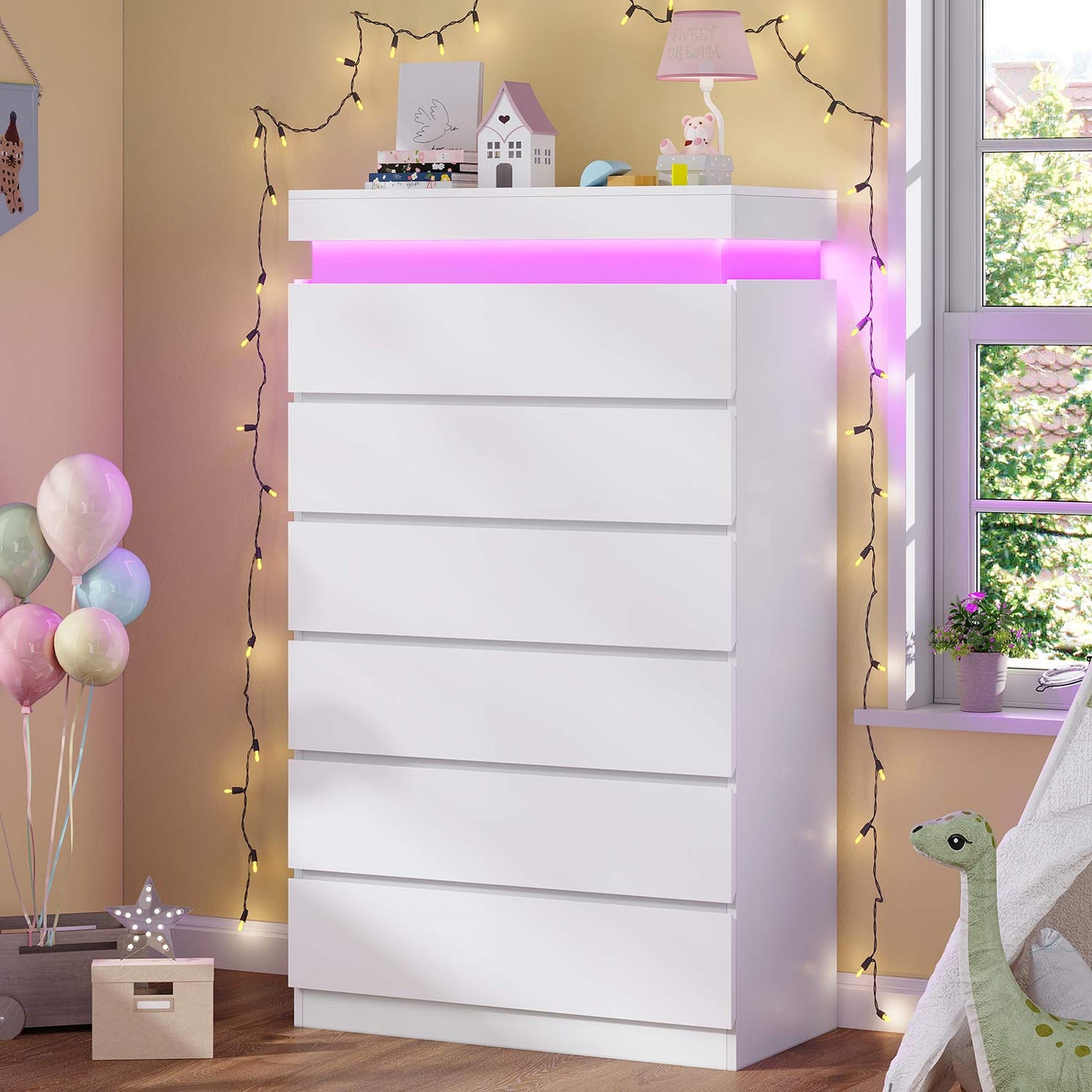 HAUOMS Dresser White Tall 6 Drawer Dresser with LED Light, White