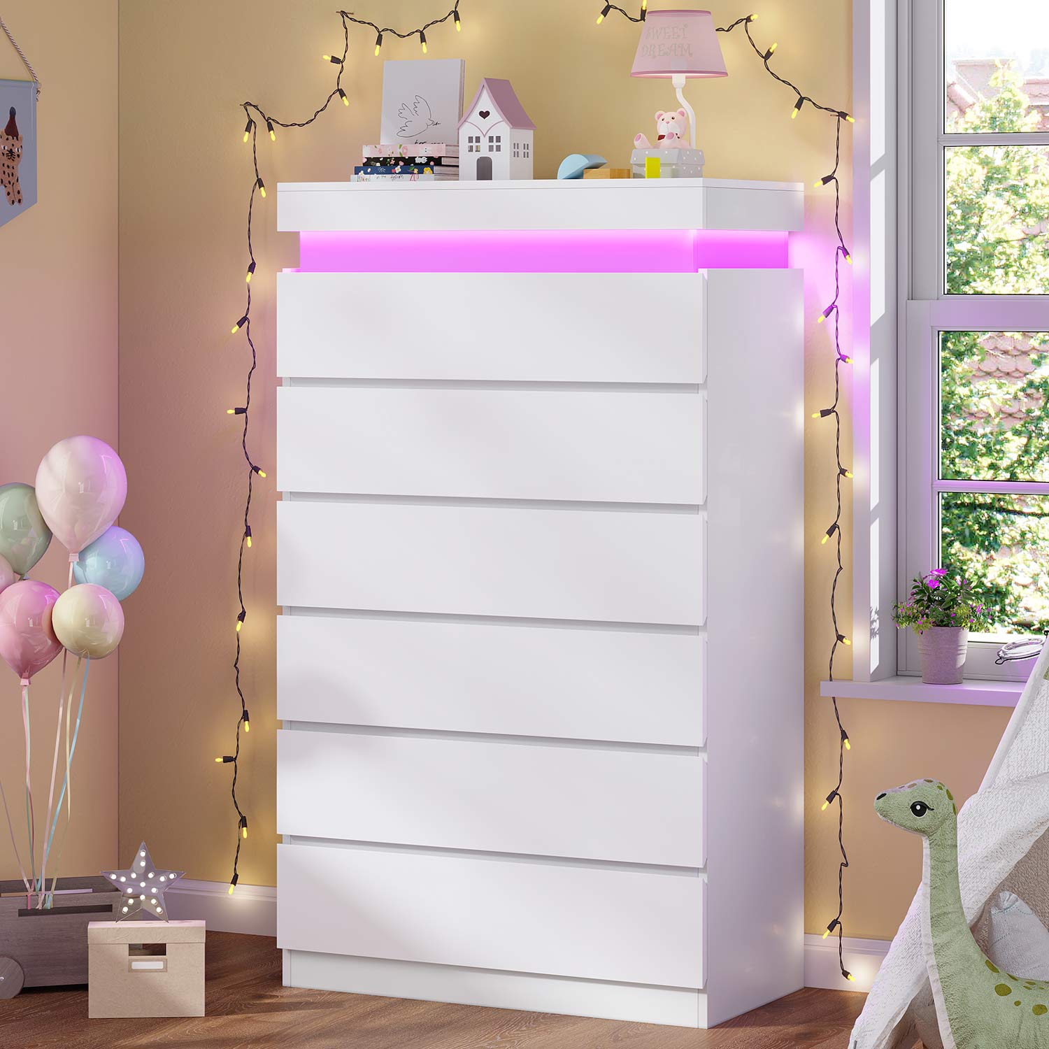 HAUOMS Dresser White Tall 6 Drawer Dresser with LED Light, White