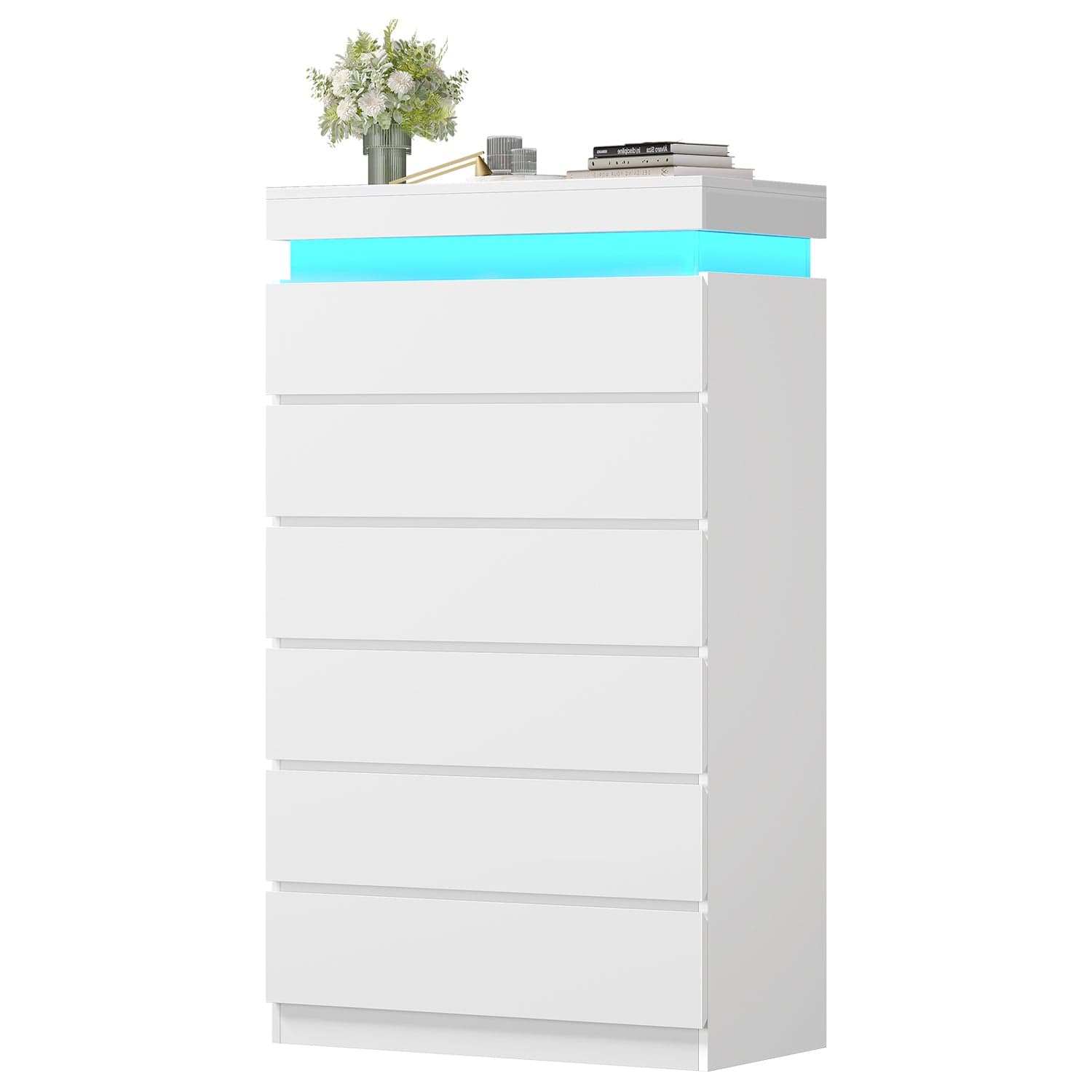 HAUOMS Dresser White Tall 6 Drawer Dresser with LED Light, White