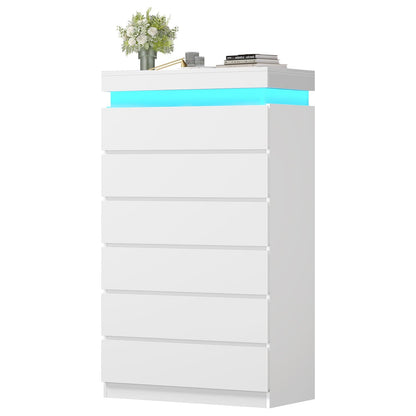 HAUOMS Dresser White Tall 6 Drawer Dresser with LED Light, White