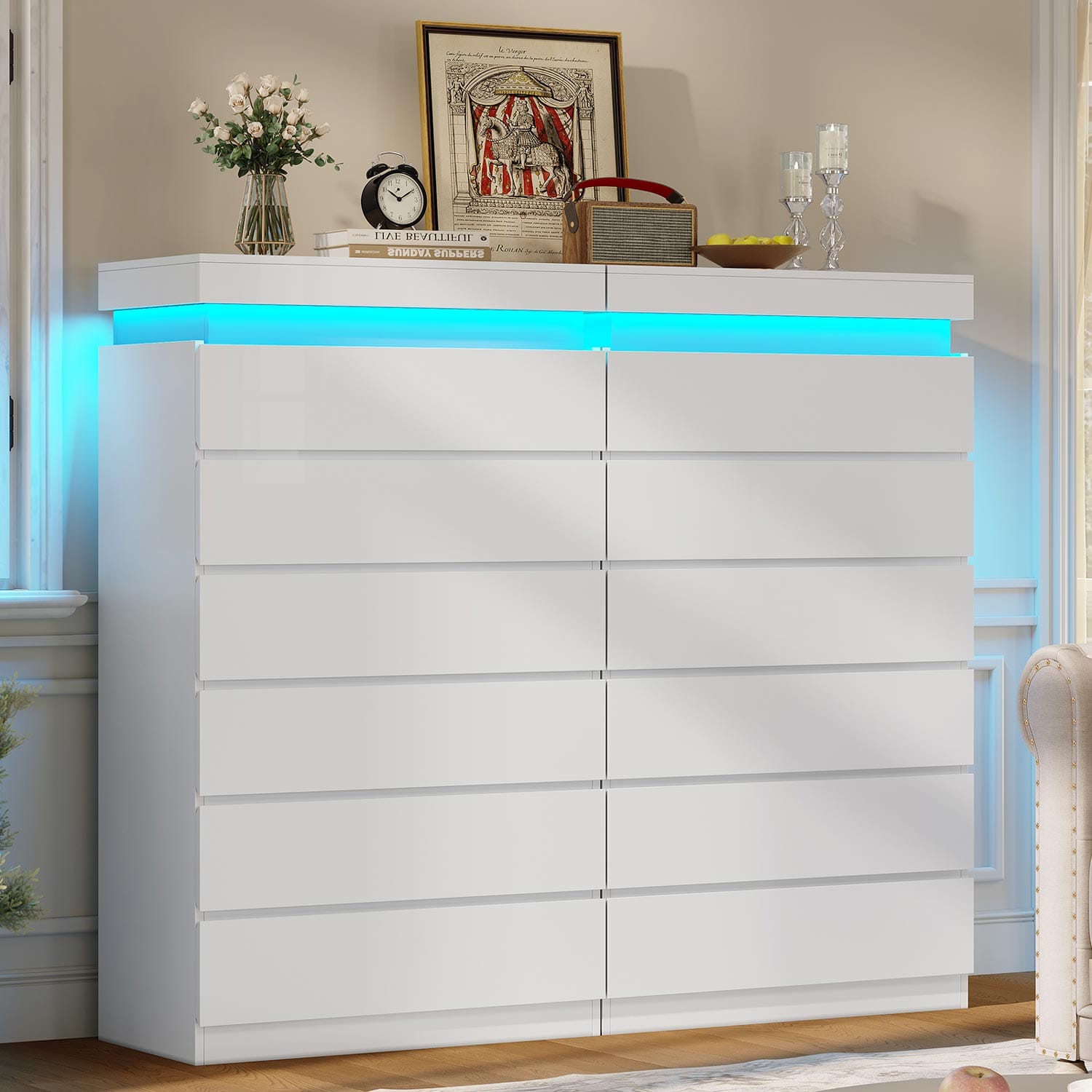 HAUOMS Dresser White Tall 6 Drawer Dresser with LED Light, White