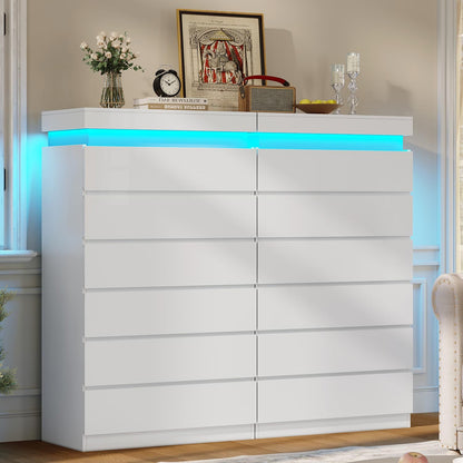 HAUOMS Dresser White Tall 6 Drawer Dresser with LED Light, White