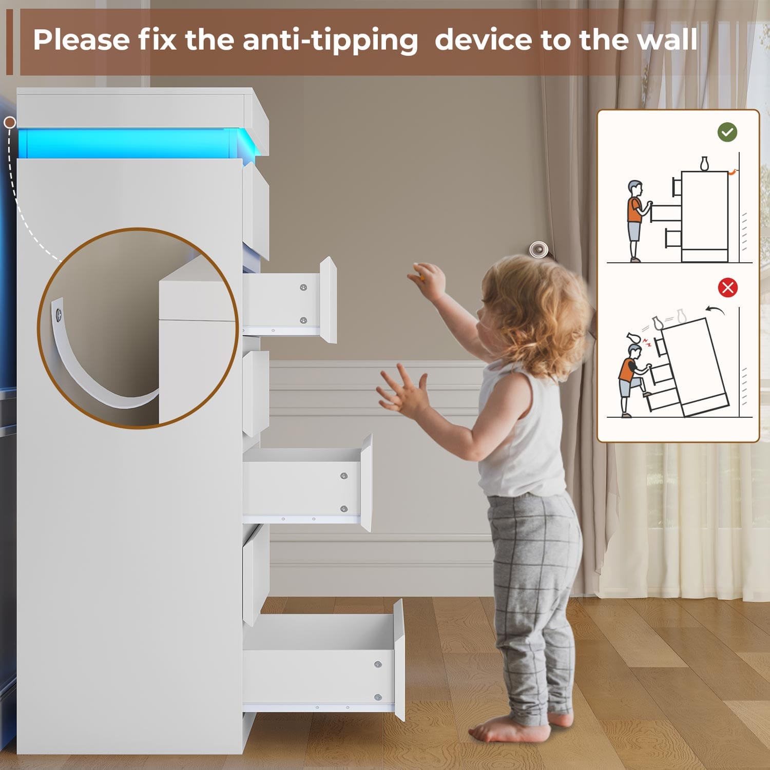 HAUOMS Dresser White Tall 6 Drawer Dresser with LED Light, White