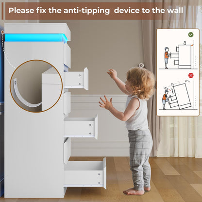 HAUOMS Dresser White Tall 6 Drawer Dresser with LED Light, White