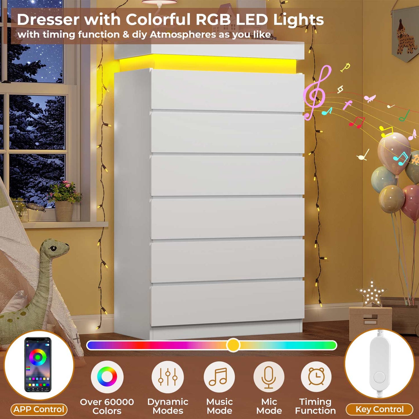 HAUOMS Dresser White Tall 6 Drawer Dresser with LED Light, White