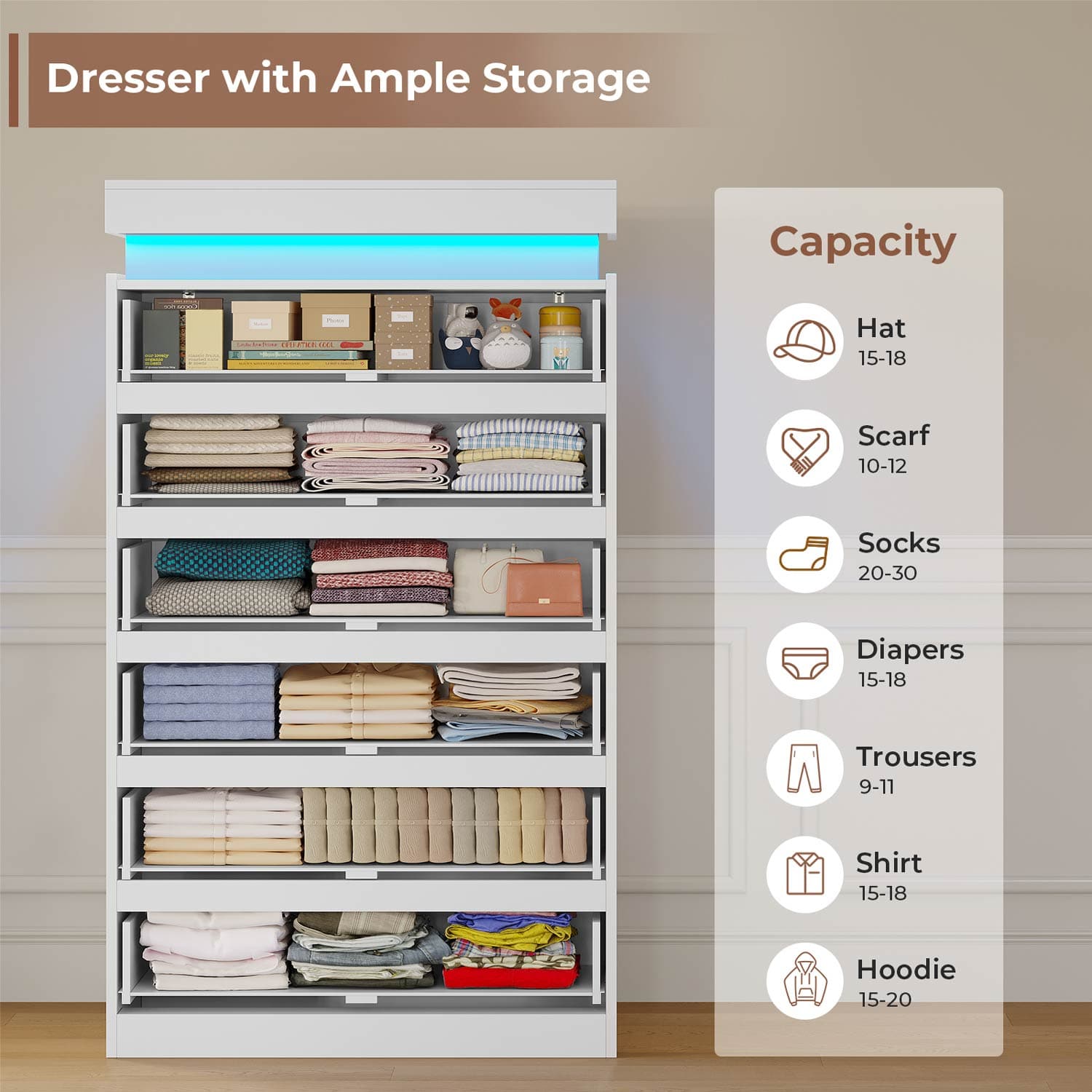 HAUOMS Dresser White Tall 6 Drawer Dresser with LED Light, White