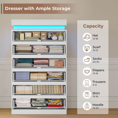 HAUOMS Dresser White Tall 6 Drawer Dresser with LED Light, White