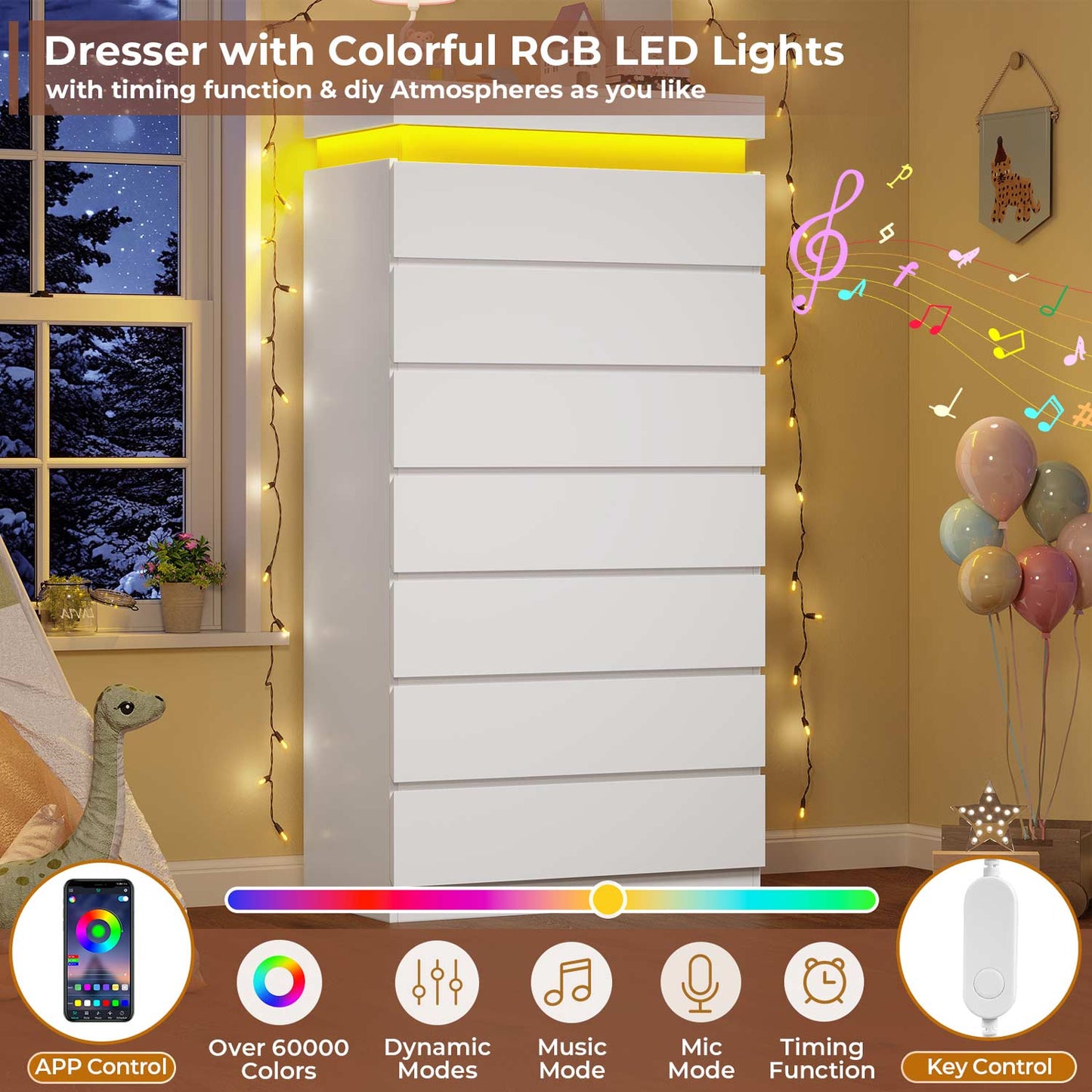 HAUOMS Dresser White Tall 7 Drawer Dresser with LED Light, White