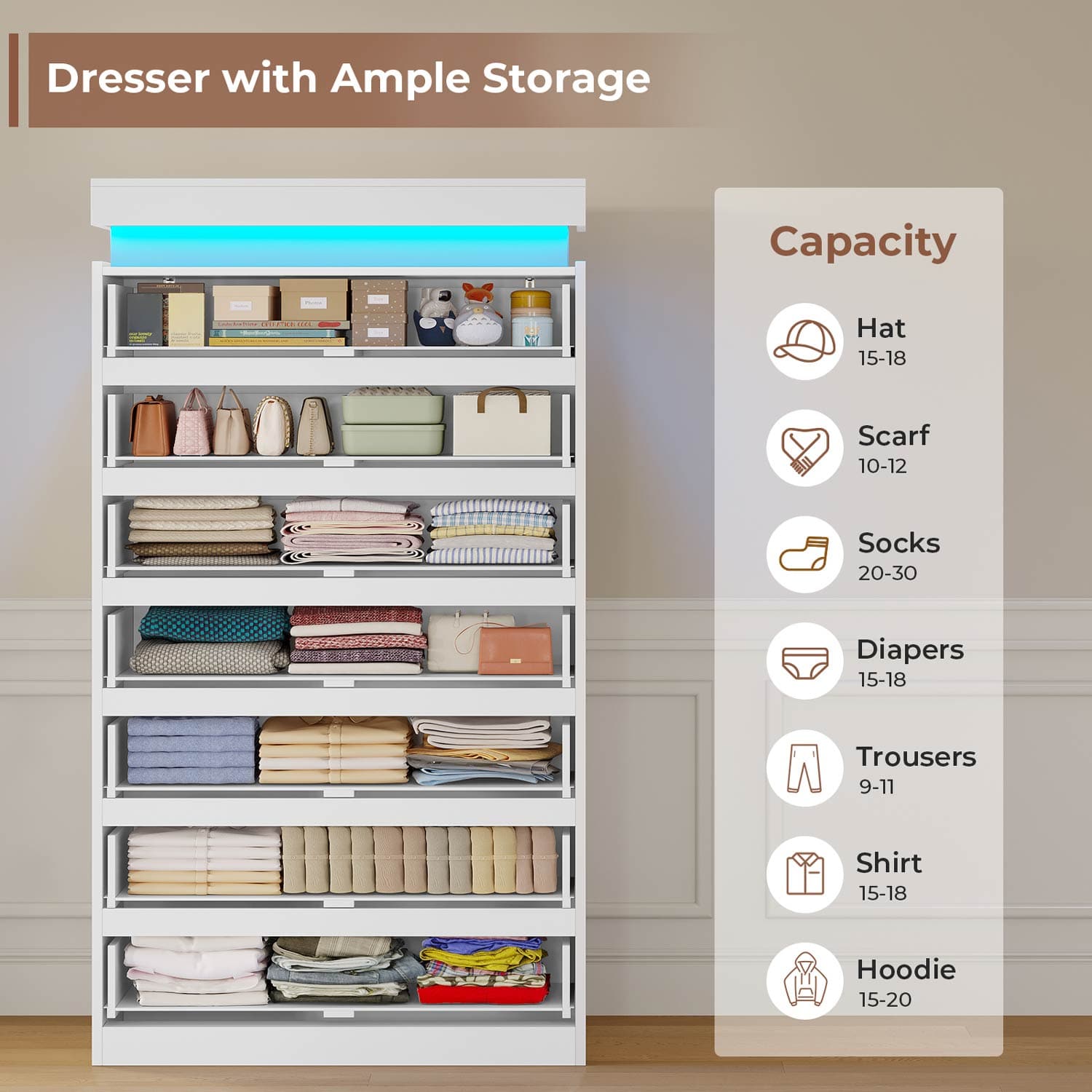 HAUOMS Dresser White Tall 7 Drawer Dresser with LED Light, White