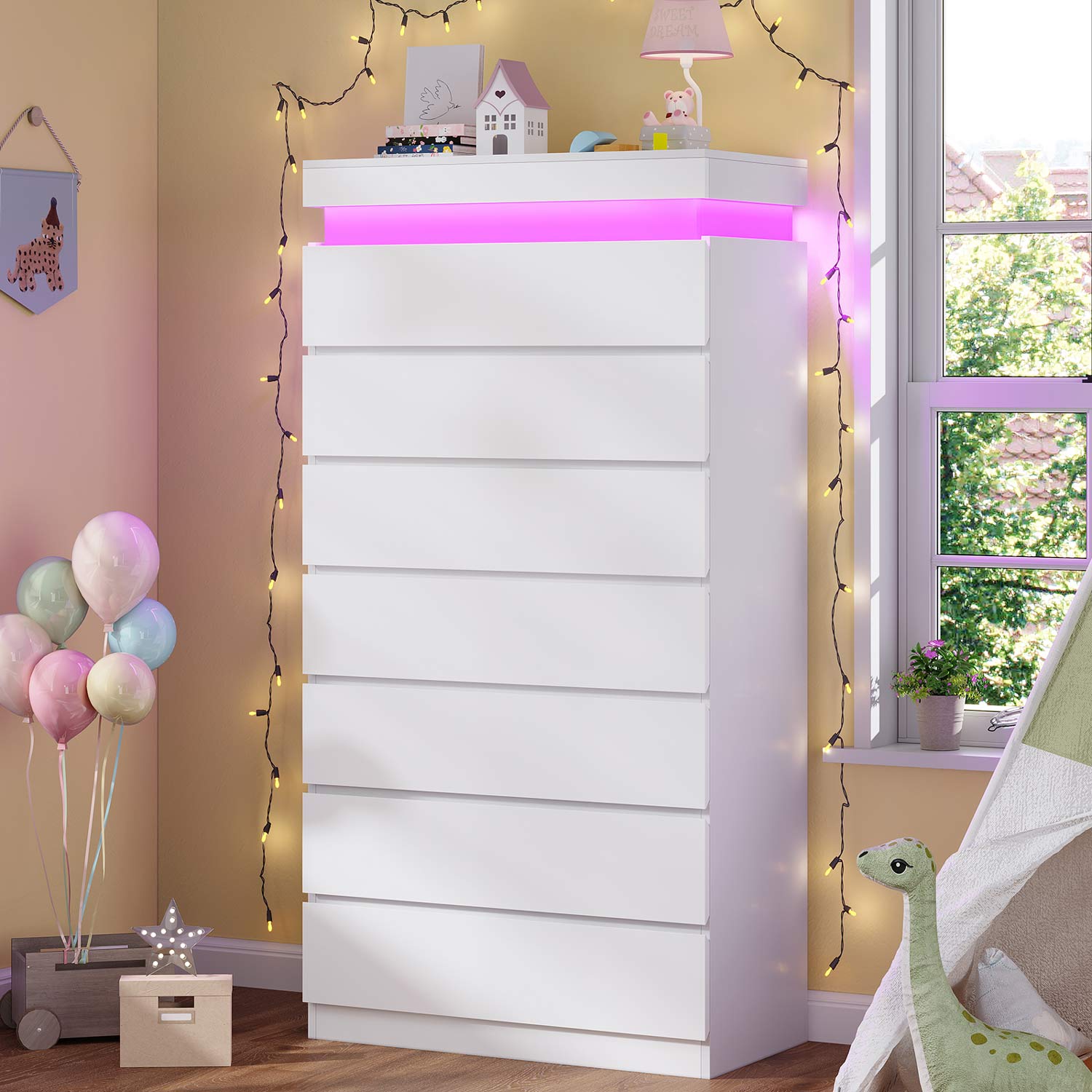 HAUOMS Dresser White Tall 7 Drawer Dresser with LED Light, White