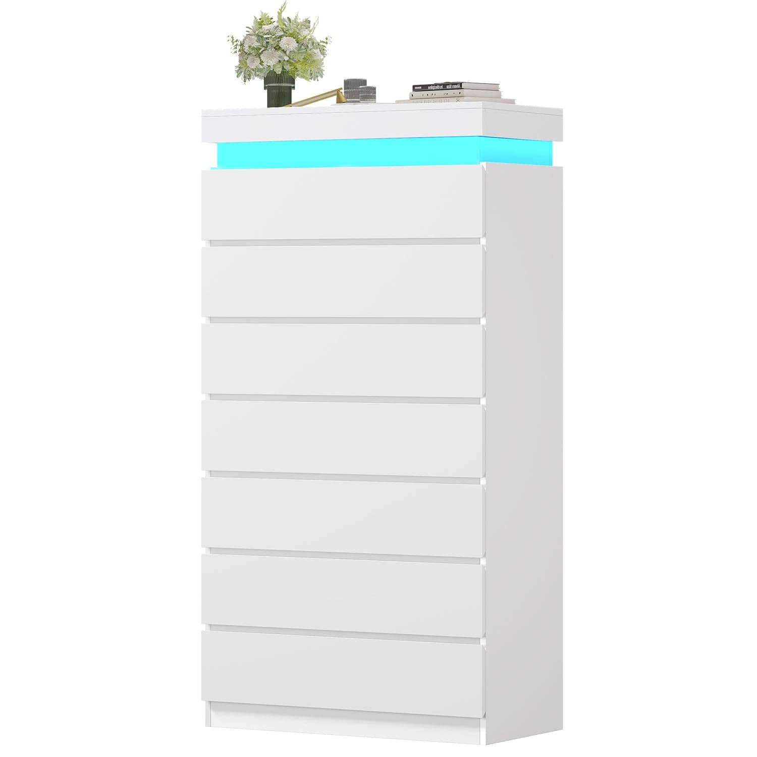 HAUOMS Dresser White Tall 7 Drawer Dresser with LED Light, White