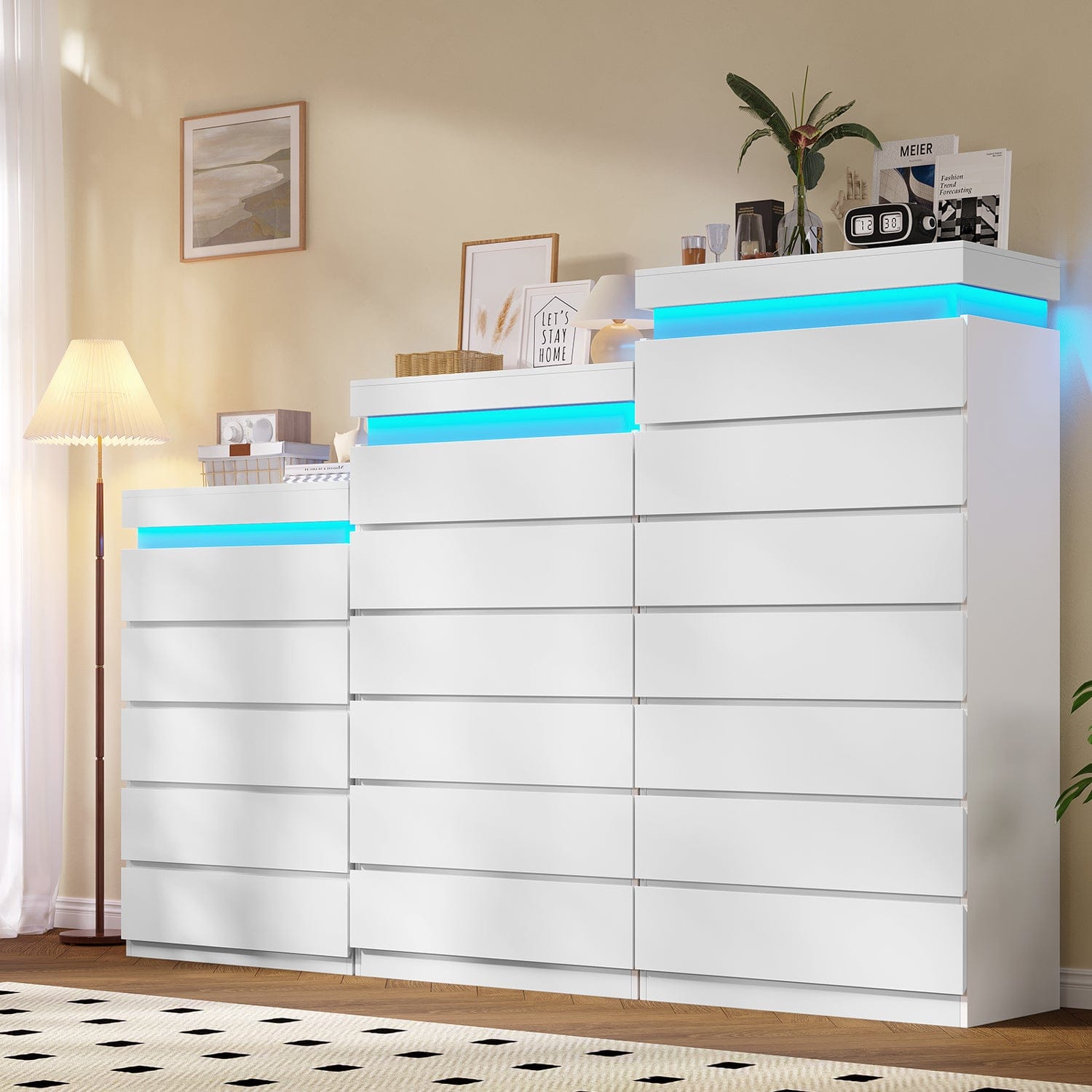 HAUOMS Dresser White Tall 7 Drawer Dresser with LED Light, White