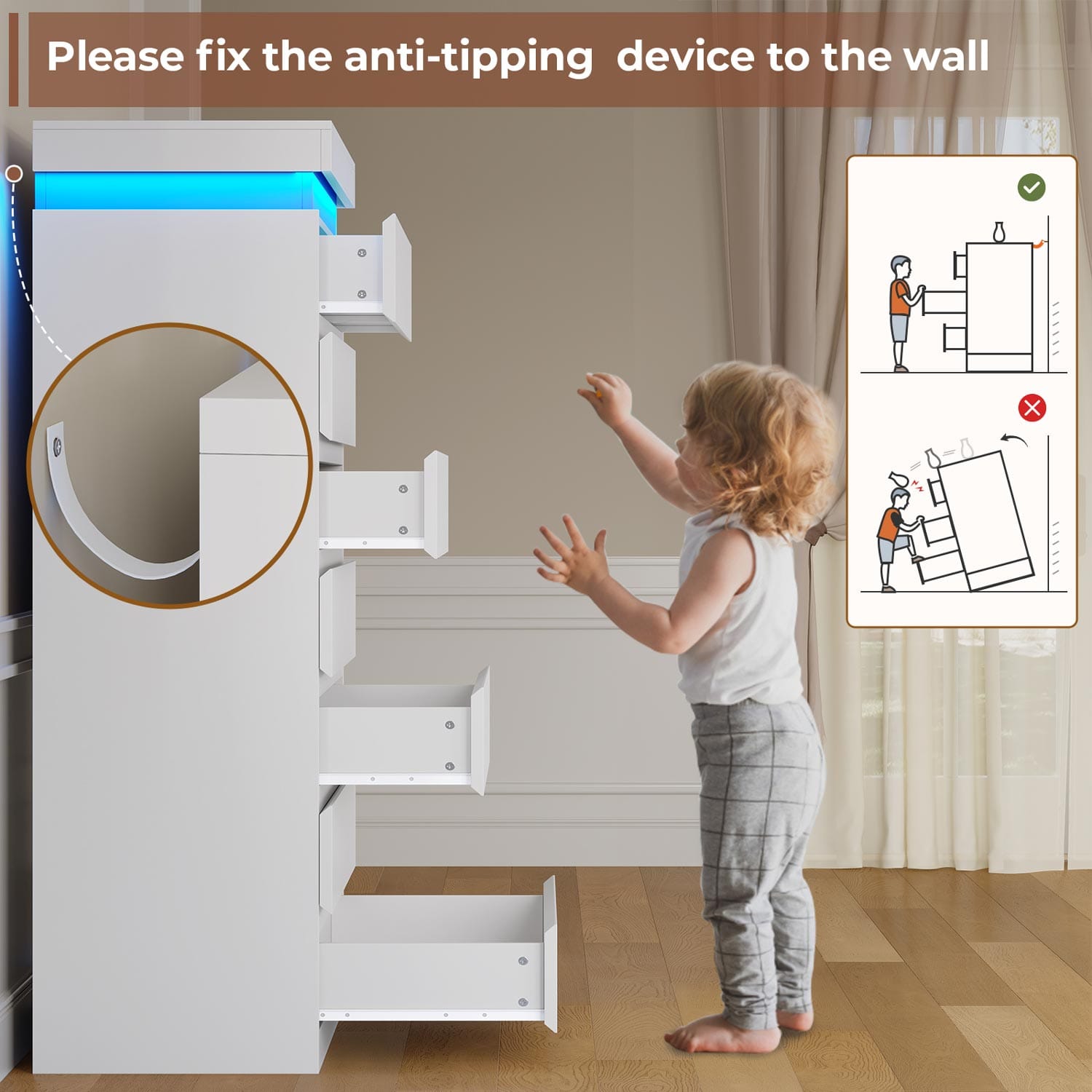 HAUOMS Dresser White Tall 7 Drawer Dresser with LED Light, White