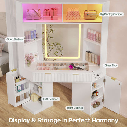 HAUOMS HAUOMS 67" Corner Vanity Desk with 6-Tier Huge Storage Large Makeup Vanity with LED Mirror and Power Hub