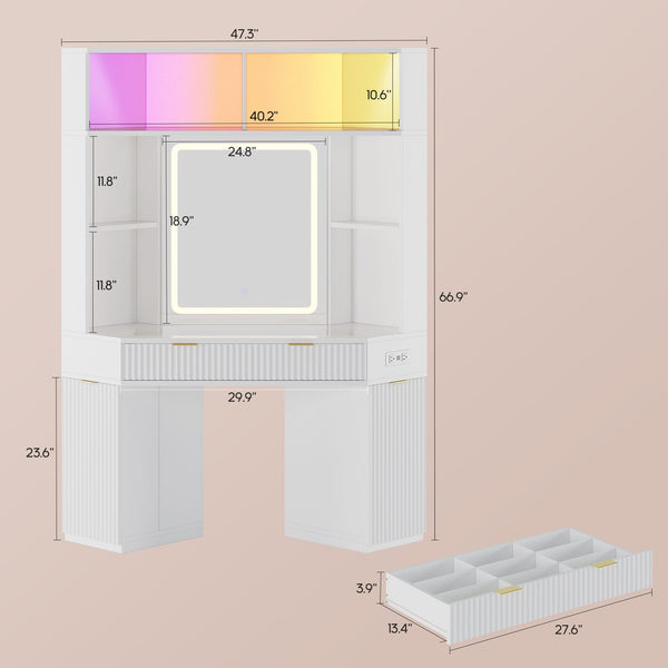 HAUOMS HAUOMS 67" Corner Vanity Desk with 6-Tier Huge Storage Large Makeup Vanity with LED Mirror and Power Hub
