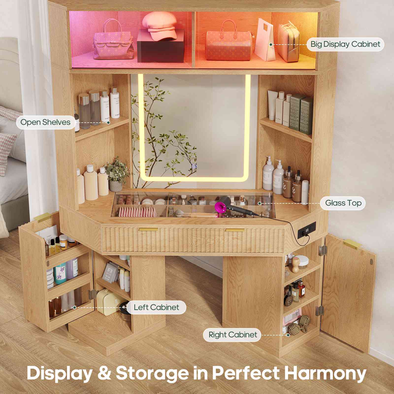 HAUOMS HAUOMS 67" Corner Vanity Desk with 6-Tier Huge Storage Large Makeup Vanity with LED Mirror and Power Hub