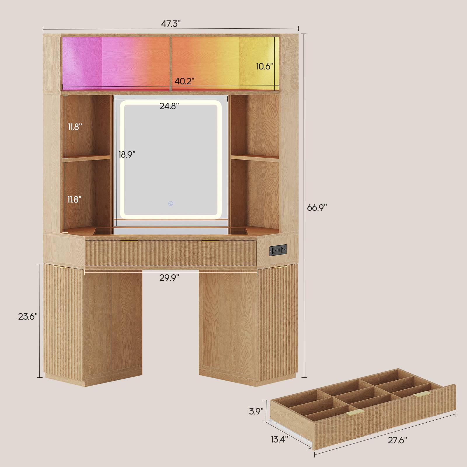 HAUOMS HAUOMS 67" Corner Vanity Desk with 6-Tier Huge Storage Large Makeup Vanity with LED Mirror and Power Hub