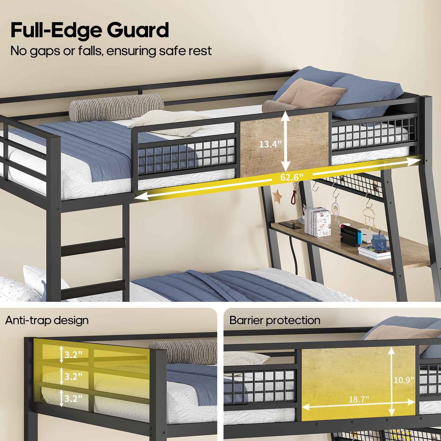 HAUOMS HAUOMS Twin Bunk Beds with Desk RGB LED Lights Power Outlets Underneath Storage Metal Beds with Safety Guardrail and Ladders No Box Spring Needed