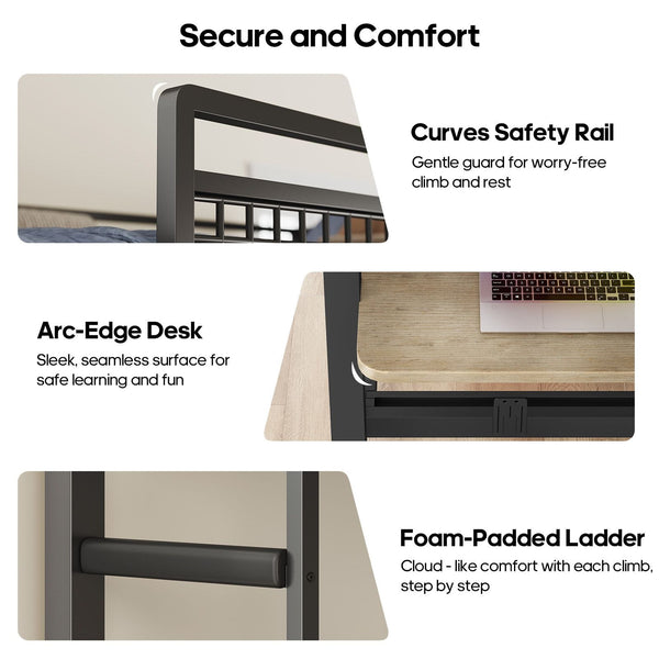 HAUOMS HAUOMS Twin Bunk Beds with Desk RGB LED Lights Power Outlets Underneath Storage Metal Beds with Safety Guardrail and Ladders No Box Spring Needed