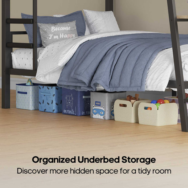 HAUOMS HAUOMS Twin Bunk Beds with Desk RGB LED Lights Power Outlets Underneath Storage Metal Beds with Safety Guardrail and Ladders No Box Spring Needed