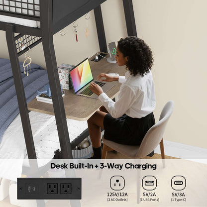 HAUOMS HAUOMS Twin Bunk Beds with Desk RGB LED Lights Power Outlets Underneath Storage Metal Beds with Safety Guardrail and Ladders No Box Spring Needed