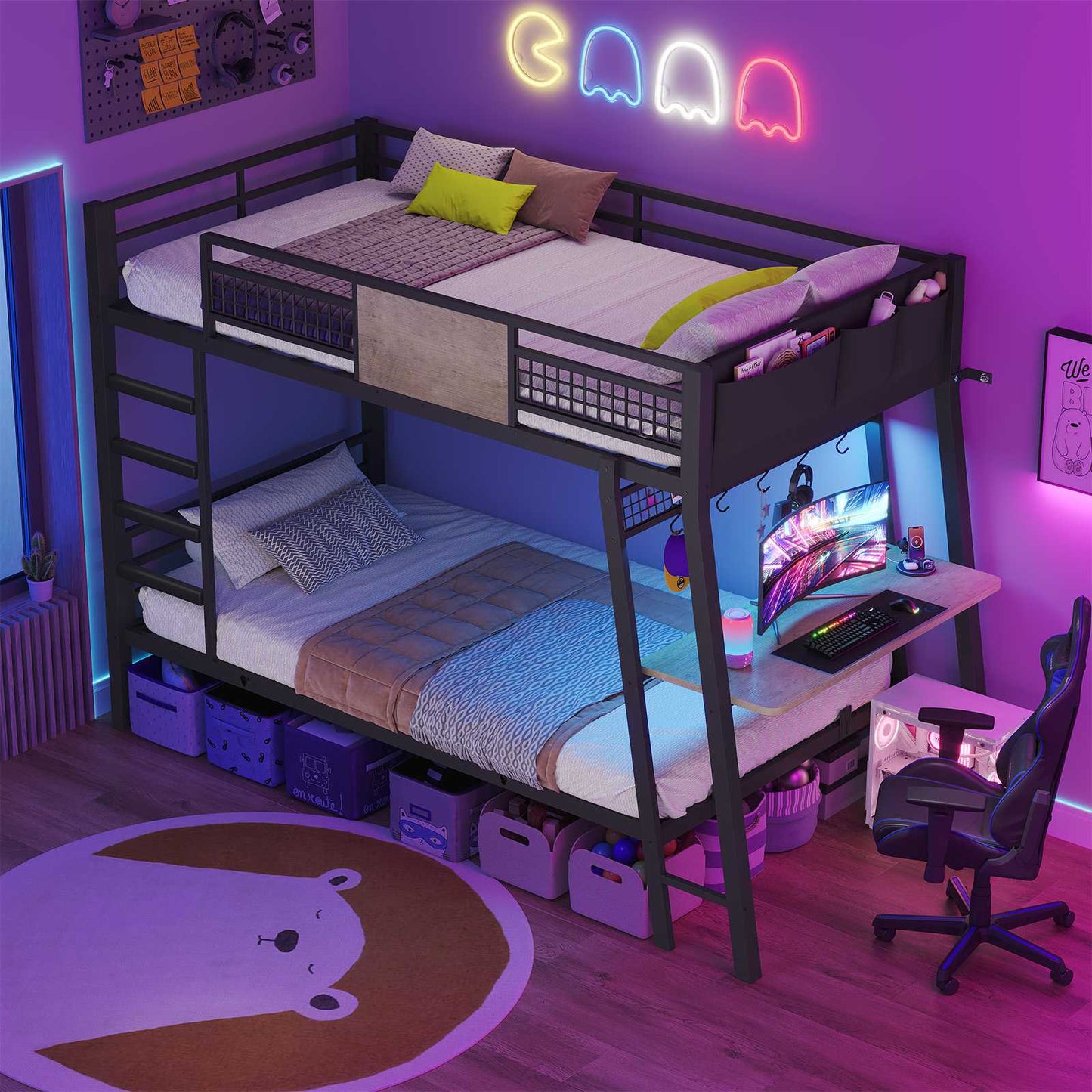 HAUOMS HAUOMS Twin Bunk Beds with Desk RGB LED Lights Power Outlets Underneath Storage Metal Beds with Safety Guardrail and Ladders No Box Spring Needed