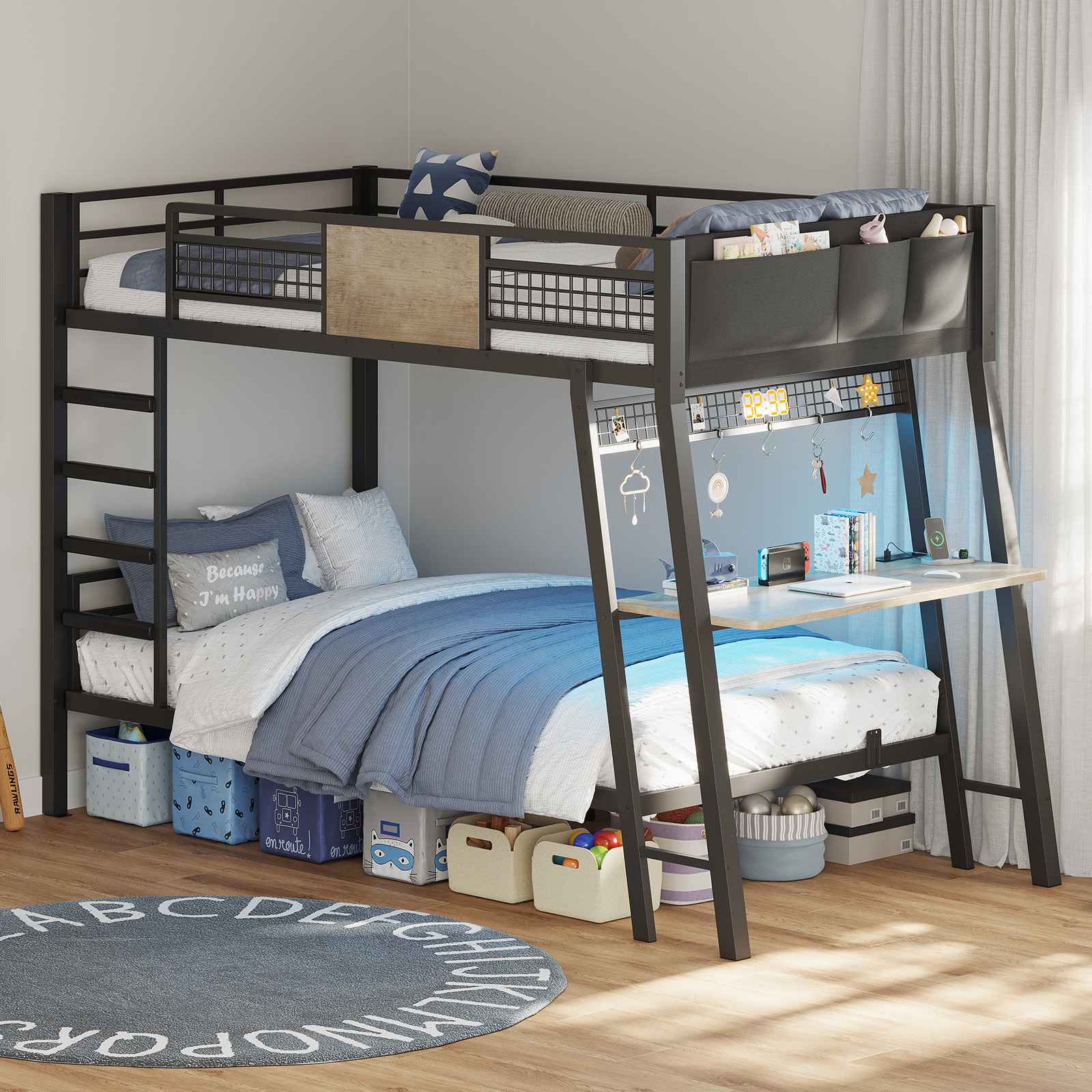 HAUOMS HAUOMS Twin Bunk Beds with Desk RGB LED Lights Power Outlets Underneath Storage Metal Beds with Safety Guardrail and Ladders No Box Spring Needed
