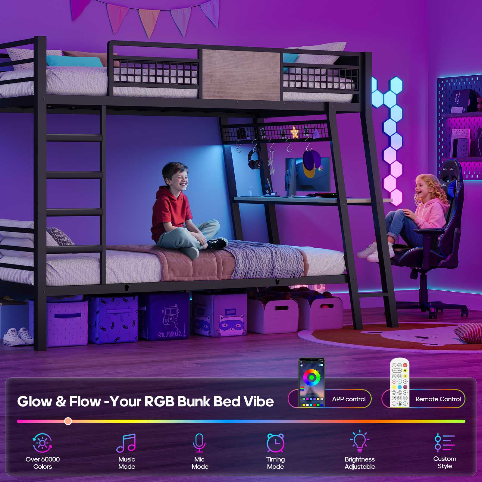 HAUOMS HAUOMS Twin Bunk Beds with Desk RGB LED Lights Power Outlets Underneath Storage Metal Beds with Safety Guardrail and Ladders No Box Spring Needed