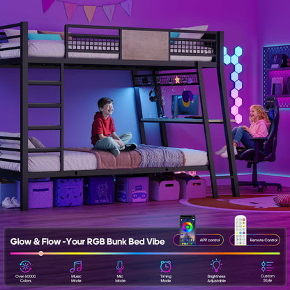 HAUOMS HAUOMS Twin Bunk Beds with Desk RGB LED Lights Power Outlets Underneath Storage Metal Beds with Safety Guardrail and Ladders No Box Spring Needed