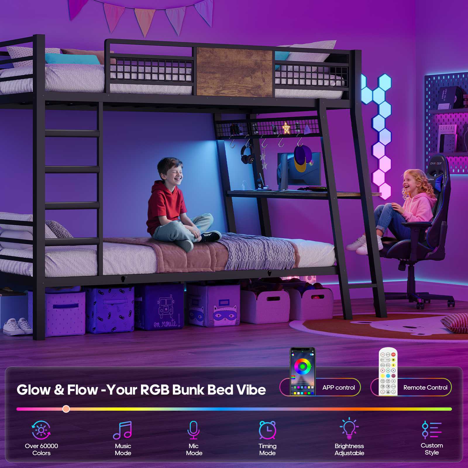 HAUOMS HAUOMS Twin Bunk Beds with Desk RGB LED Lights Power Outlets Underneath Storage Metal Beds with Safety Guardrail and Ladders No Box Spring Needed