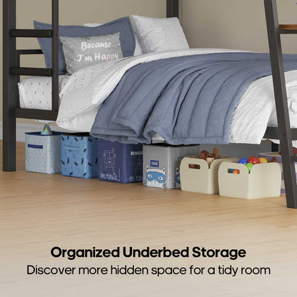 HAUOMS HAUOMS Twin Bunk Beds with Desk RGB LED Lights Power Outlets Underneath Storage Metal Beds with Safety Guardrail and Ladders No Box Spring Needed