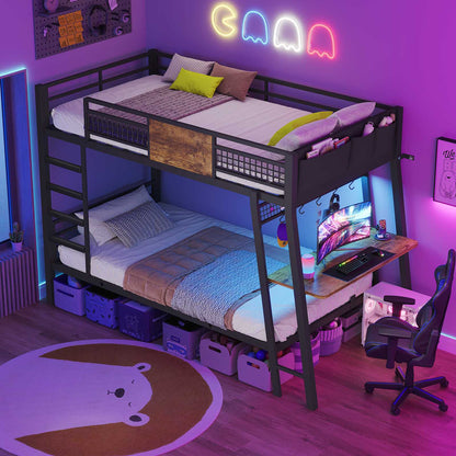 HAUOMS HAUOMS Twin Bunk Beds with Desk RGB LED Lights Power Outlets Underneath Storage Metal Beds with Safety Guardrail and Ladders No Box Spring Needed