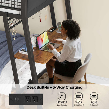 HAUOMS HAUOMS Twin Bunk Beds with Desk RGB LED Lights Power Outlets Underneath Storage Metal Beds with Safety Guardrail and Ladders No Box Spring Needed