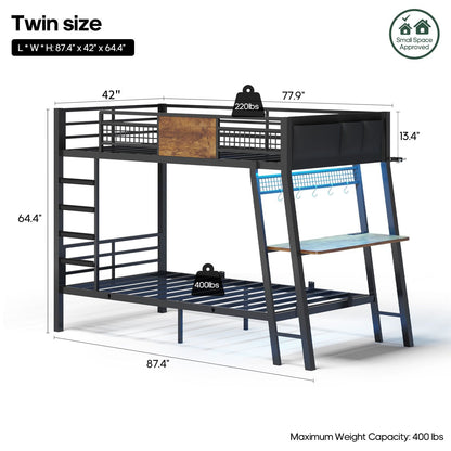 HAUOMS HAUOMS Twin Bunk Beds with Desk RGB LED Lights Power Outlets Underneath Storage Metal Beds with Safety Guardrail and Ladders No Box Spring Needed