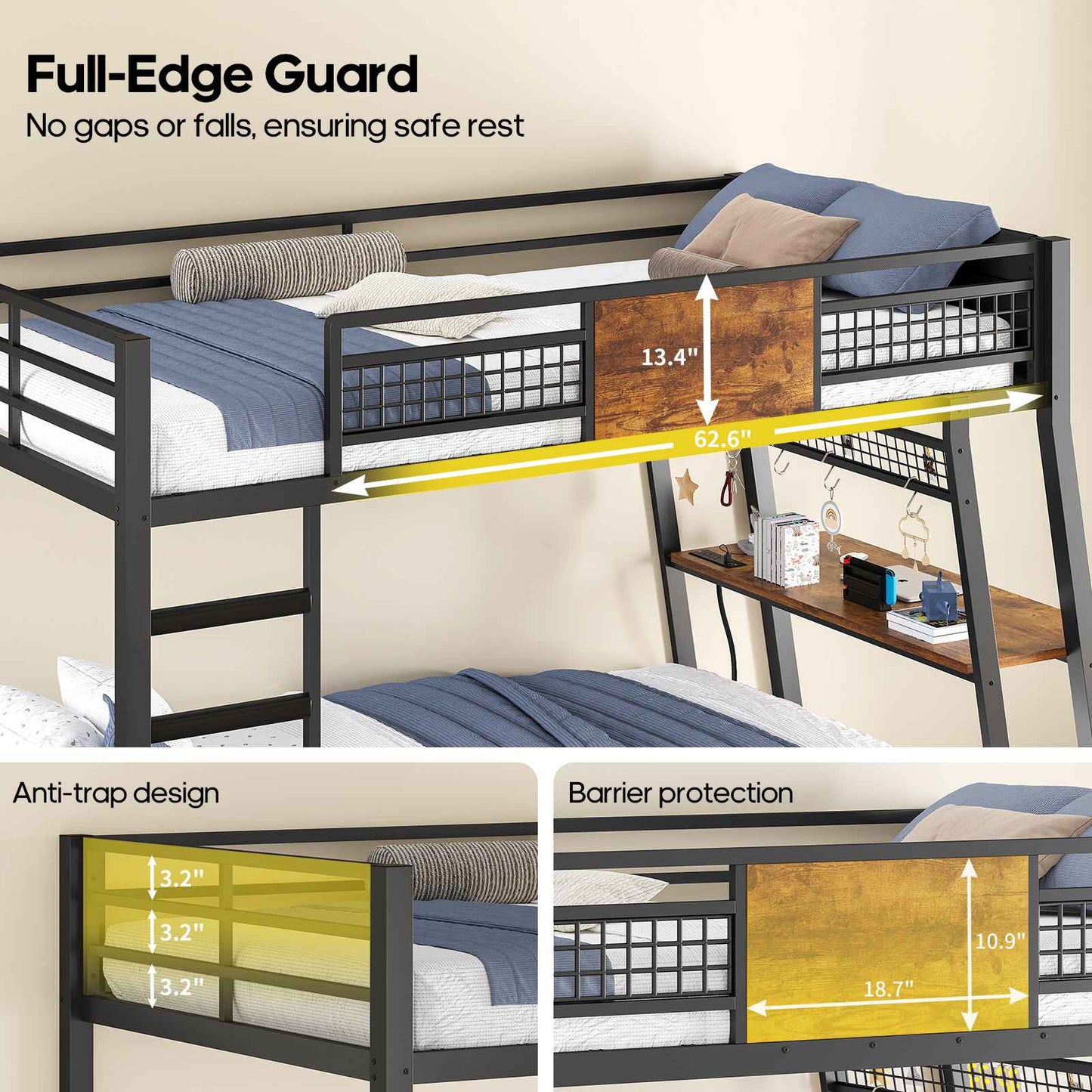 HAUOMS HAUOMS Twin Bunk Beds with Desk RGB LED Lights Power Outlets Underneath Storage Metal Beds with Safety Guardrail and Ladders No Box Spring Needed
