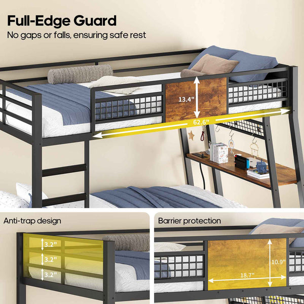 HAUOMS HAUOMS Twin Bunk Beds with Desk RGB LED Lights Power Outlets Underneath Storage Metal Beds with Safety Guardrail and Ladders No Box Spring Needed
