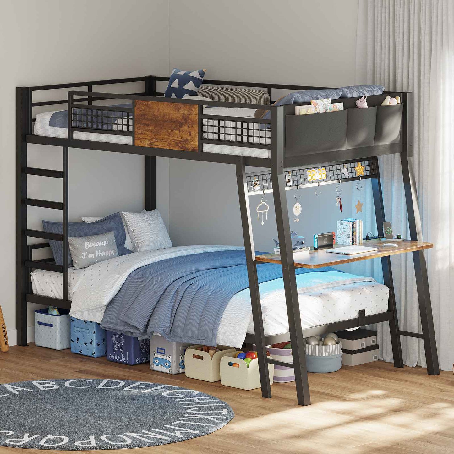 HAUOMS HAUOMS Twin Bunk Beds with Desk RGB LED Lights Power Outlets Underneath Storage Metal Beds with Safety Guardrail and Ladders No Box Spring Needed